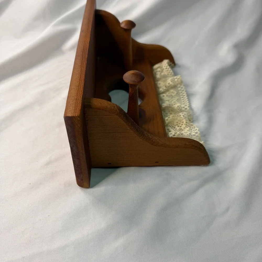 Vintage Wood Heart Cutout Wall Shelf with Peg Hooks and Lace Trim Country Decor